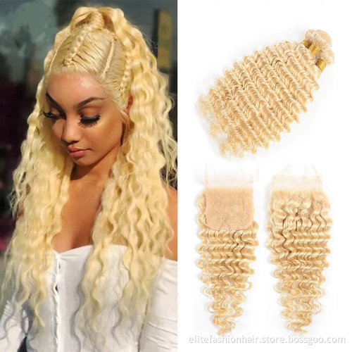 Factory price wholesale 100% Virgin Human Hair 3 Bundles With 4*4 Lace Closure 613 Kinky Curly human hair Bundles With Closure
